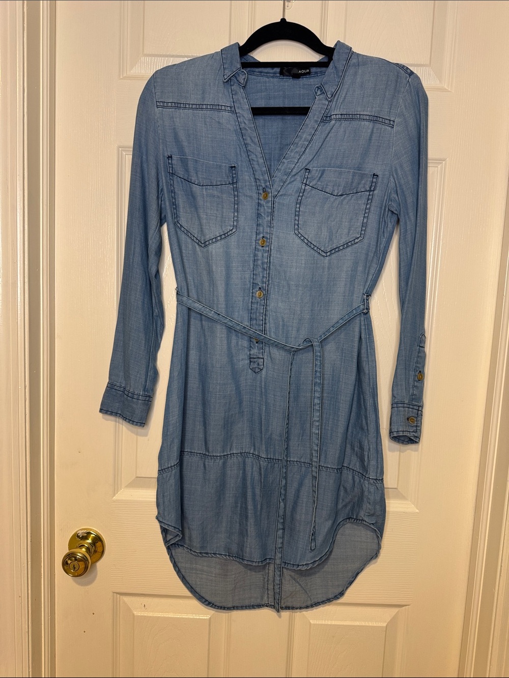 Aqua Light Blue Chambray Shirt Dress with Tie Waist
